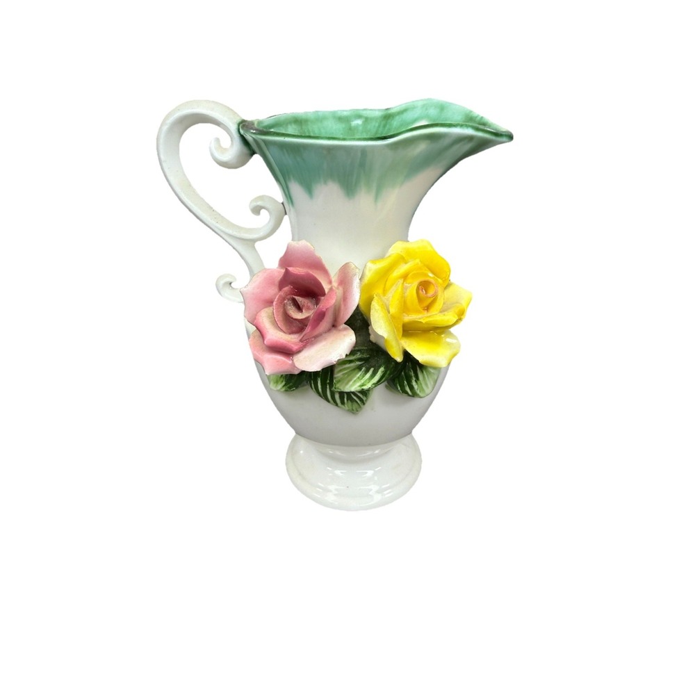 Vintage Wales Japan Ceramic Rose Pitcher Vase Pink Yellow Flowers Green Drip